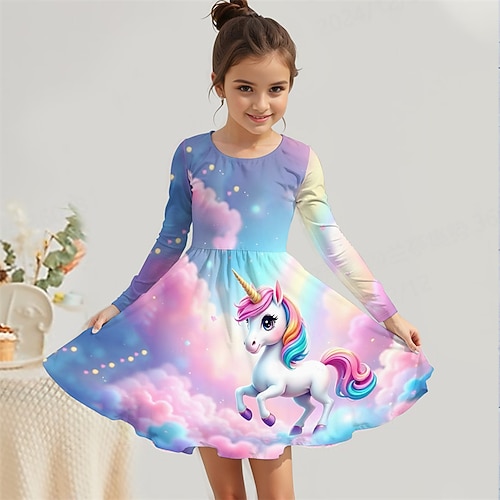 Mädchen' 3D Einhorn Kleid Langarm Sommer Frühling Urlaub Täglich Ferien Prinzessin Schön Süß Kinder 4-12 Jahre Freizeitkleid A Linie Kleid Knielang Normale Passform Image