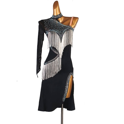 Schwarzes Tanzkleid für Damen – aufwendiges, ansprechendes Design, Fransen-/Paillettendetails, perfekt für Latein Ballsaalaufführung, Probe Bühnenshows Image