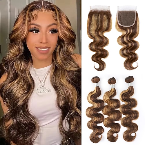 Highlight P4/27 Body Wave Echthaar-Extensions 3 Bündel mit Verschluss für schwarze Frauen Image