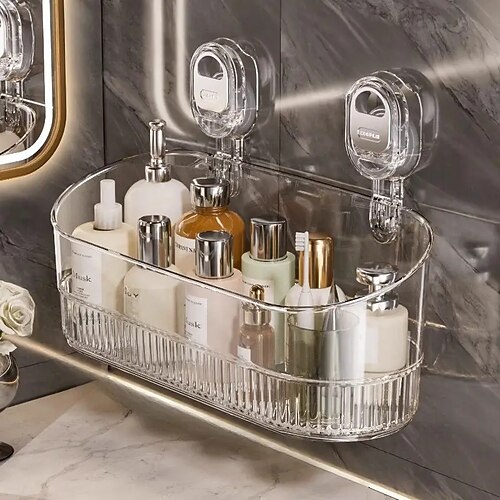 Wandmontiertes Aufbewahrungsregal mit Saugnapf, stark haftend, ohne Bohren, hängende Aufbewahrungsbox für Duschutensilien und Kosmetika Image