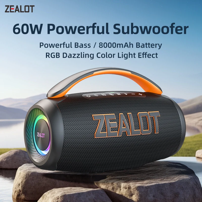 ZEALOT-P12 Speaker 60W Portable Bluetooth Speaker with IPX6 Waterproof, Comfortable handle,Controllable lighting,TF,USB