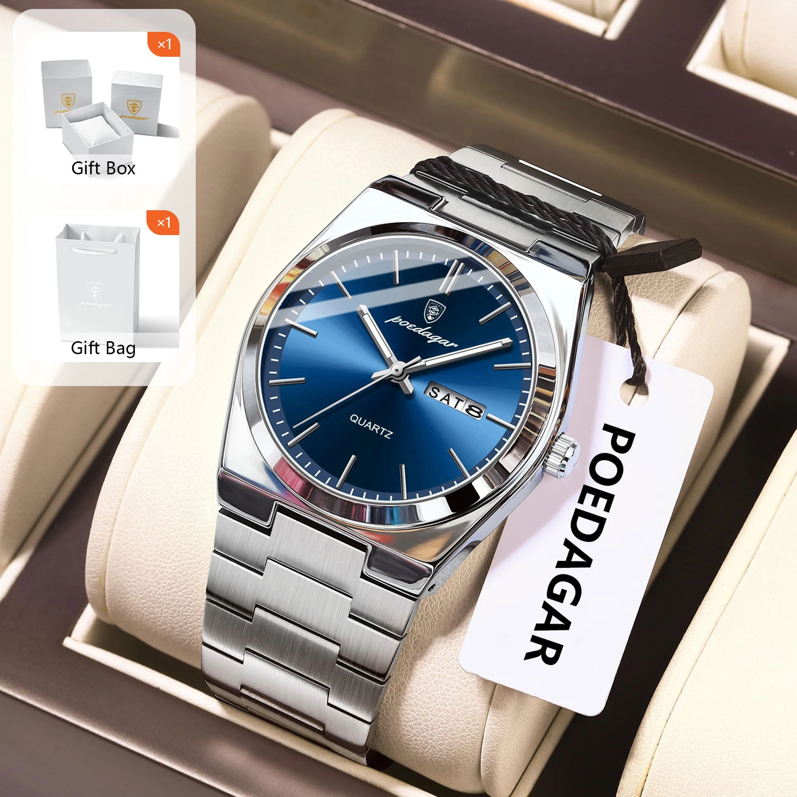 POEDAGAR Top Trendy Quarz Herrenuhren Wasserdicht Leucht Datum Woche Herrenuhr Edelstahl Luxus Herrenuhr mit Geschenkbox Image