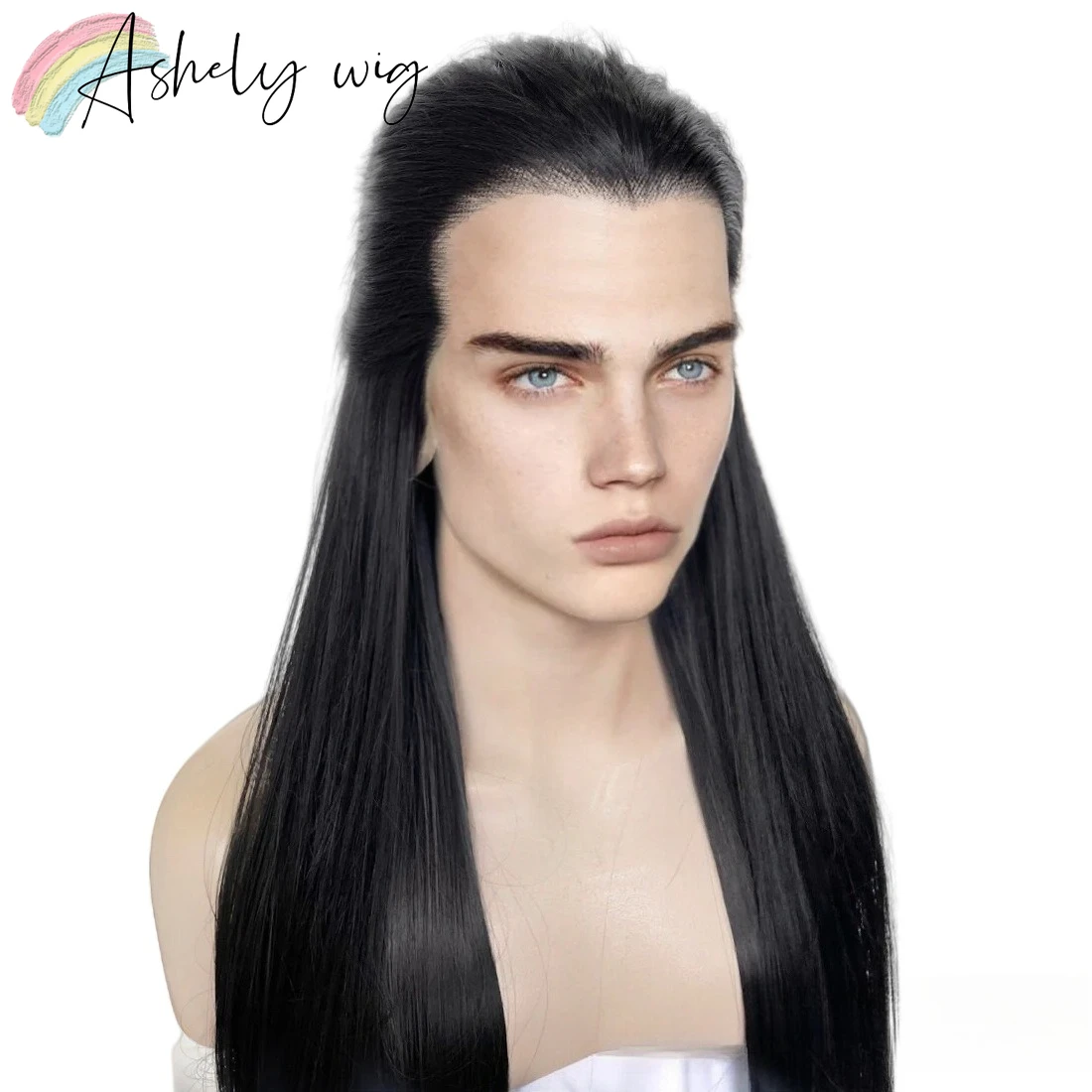 Schwarze Lace-Front-Perücke für Männer, langes glattes Haar, Perücken mit natürlichem Haaransatz, Cosplay-Perücken, Hochtemperaturfasern, synthetische Spitzenperücken Image