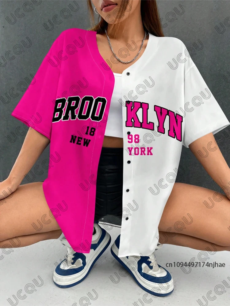 2025 sommer Neue Retro Rosa Los Angeles 86 Gedruckt Bluse Frauen Streetwear Baseball Hemd Hip Hop Kurzarm Button Up Tops