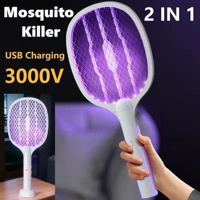 2 in 1 Electric Fly Swatter Bug Zapper Racket Safe Mosquito Swatter Fly Killer USB Rechargeable Mosquito Trap Lamp Pest Control
