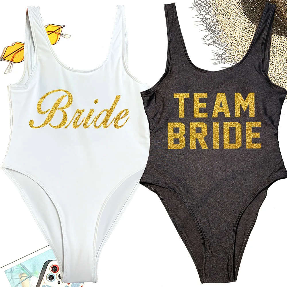 Glitzer Gold Print Badeanzug Junggesellenabschied Einteiliger Badeanzug Damen TEAM BRIDE SQUAD TRIBE Bademode Bikini Sexy Body Image