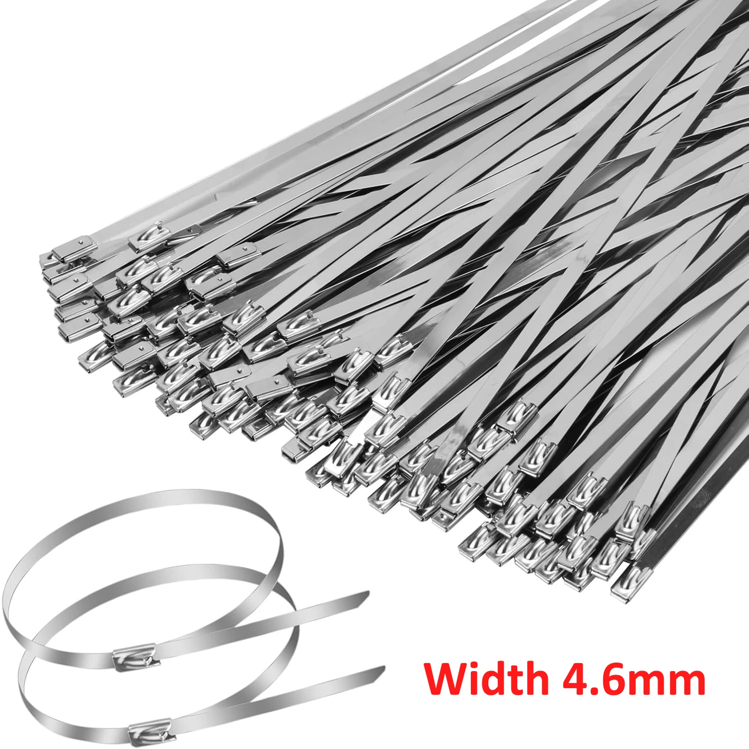 100 Stück Kabelbinder aus Edelstahl 304, Breite 4,6 mm, robuste, selbstsichernde Mehrzweck-Kabelbinder für Maschinenfahrzeuge, Auspuff Image