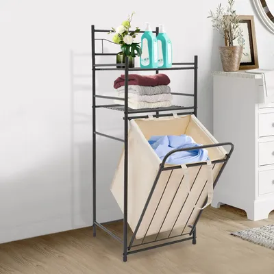 3-Tier Large Capacity Grid Structure Laundry Storage Iron Rack with Removable Oxford Cloth Laundry Basket