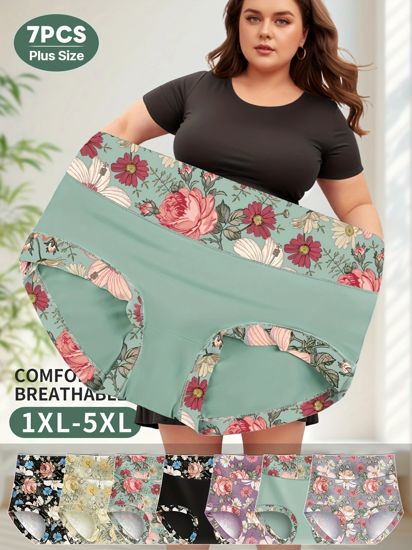 7 Stück Damenhöschen in Übergröße mit hoher Taille – eleganter Blumendruck, Bauchkontrolle und Po-Lift, atmungsaktive Polyestermischung, Image