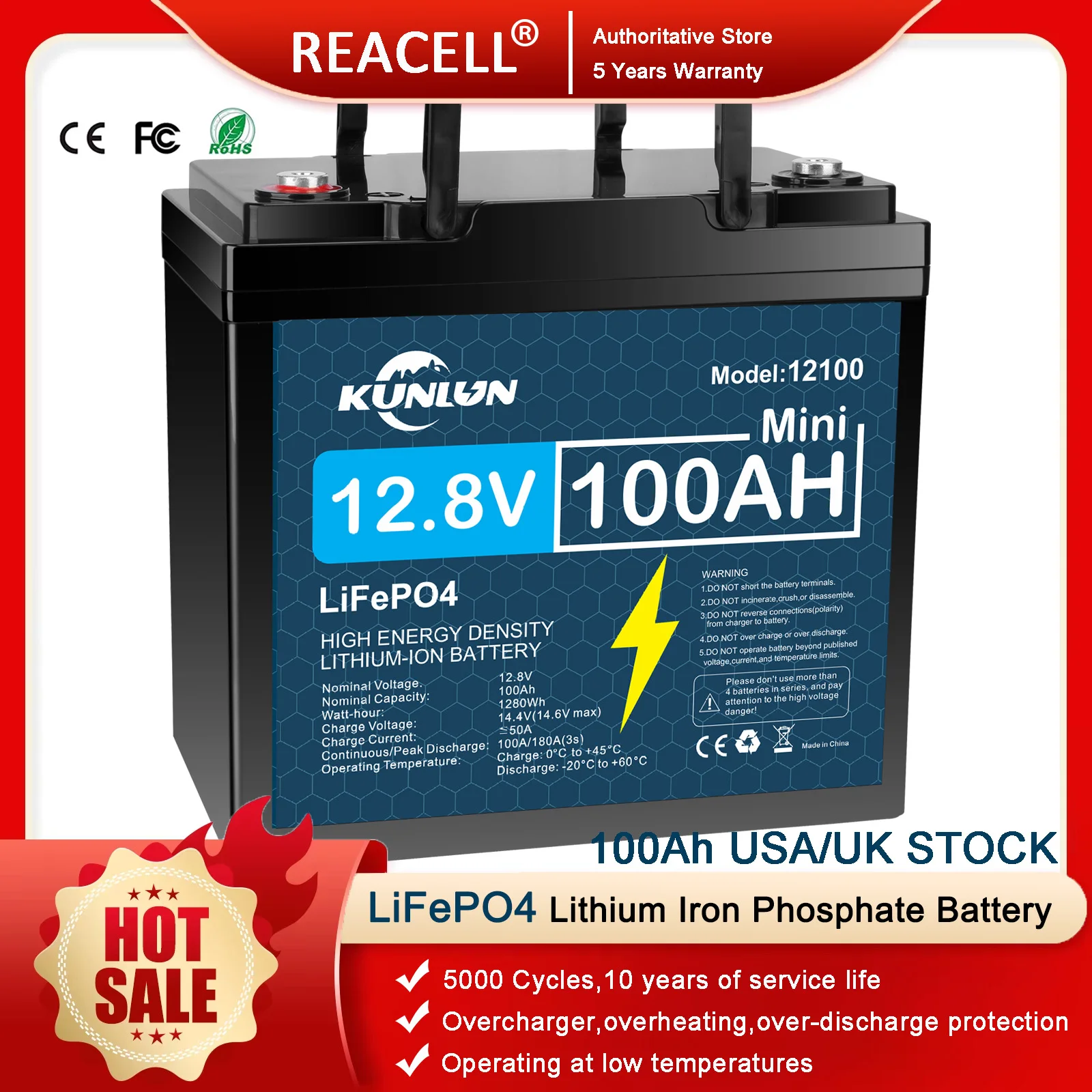 12,8 V LiFePO4-Batterie, 120 Ah/100 Ah/60 Ah/30 Ah, 12 V Lithium-Eisenphosphat-Batterien, Packung 5000 Zyklen, Wohnmobil, Wagen, Boot, Solarbatterie Image