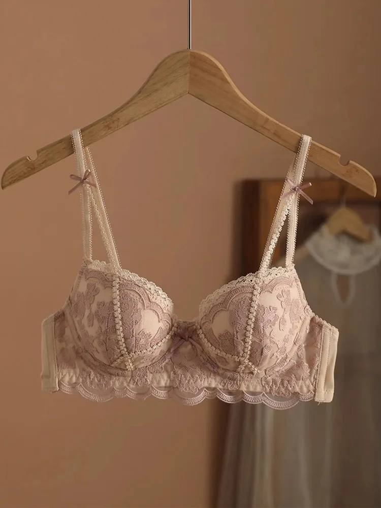 Antiker Bügel-BH aus französischer Spitze | Retro Petite Deep V Plunge Set | Nicht gepolsterte Sommerunterwäsche | Sexy Braut-Push-Up-Effekt