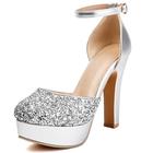 Women's Glitter Platform Sandals 12cm Chunky Heel 3.5cm Sole Round Toe Ankle Strap PU Leather Slip-Resistant Extended Sizes (34-48),Silver,12 UK