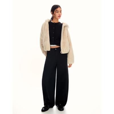 Bershka Hooded Faux Fur Jacket Women S Sand