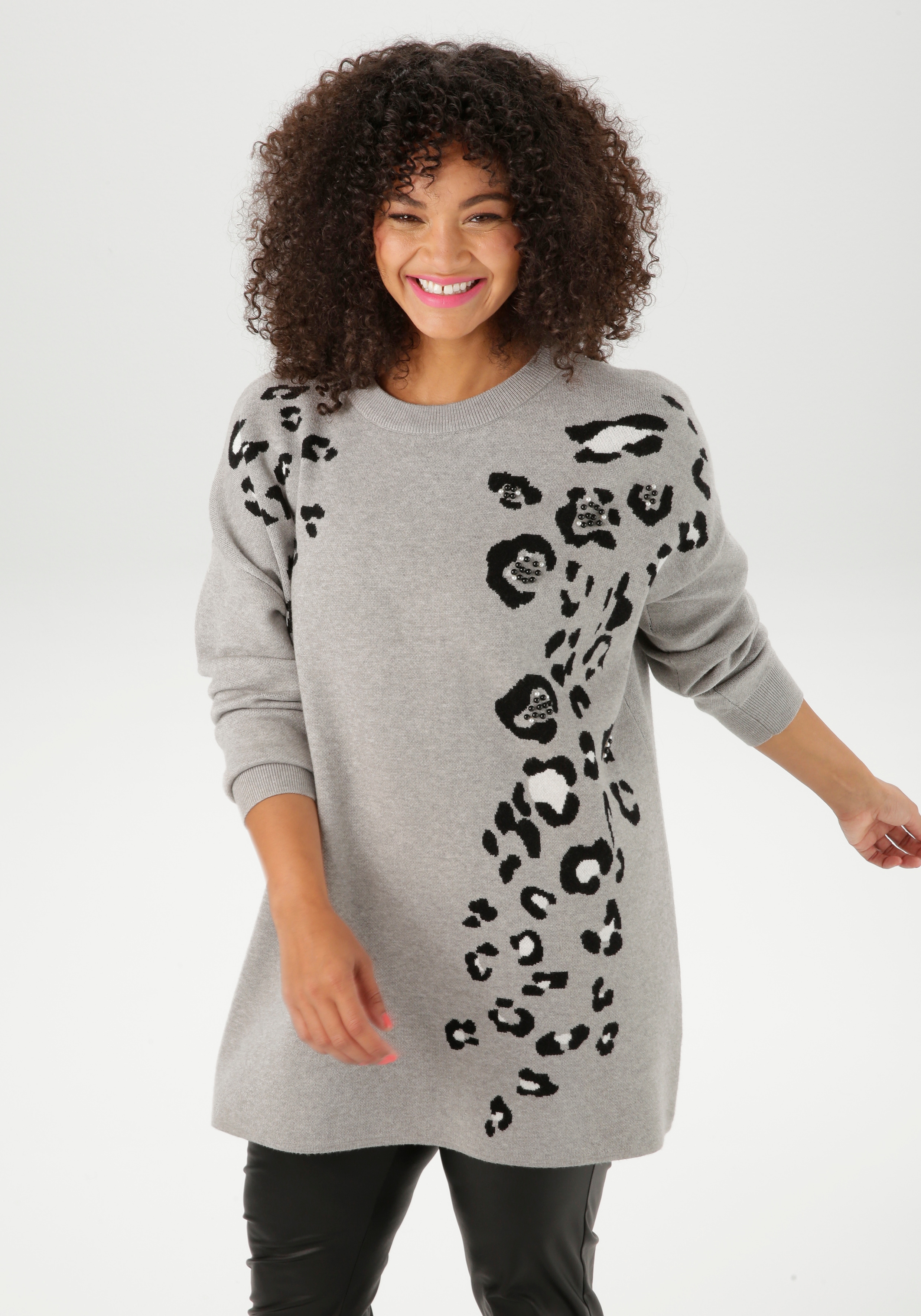 Strickpullover ANISTON PLUS, Damen, Gr. 54, schwarz-weiß (grau, schwarz, weiß, melange), Strick, Obermaterial: 50% Viskose, 28% Polyester, 22% Polyamid, animal-print, figurumspielend hüftlang, Rundhals, Rippbündchen, Pullover Strickpullover, mit...