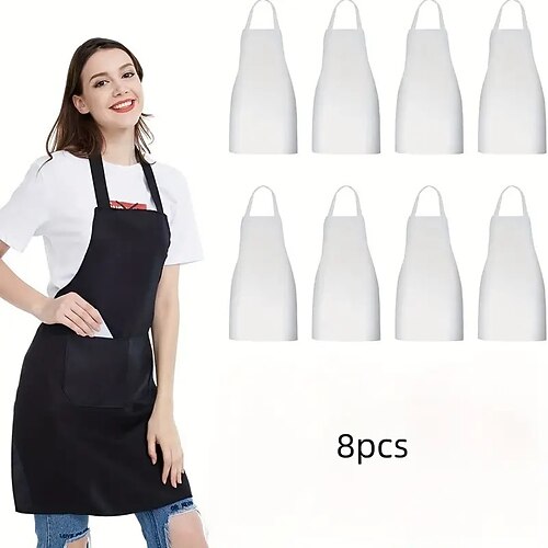 Set di 8 grembiuli unisex, grembiuli da cucina in poliestere tinta unita resistenti con collo regolabile e 2 ampie tasche, lavabili in lavatrice per cucinare, barbecue, grigliate, lavori artigianali,