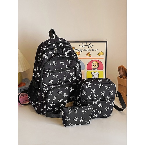 Set di 3 zaini scolastici per ragazze adolescenti: zaino in tela leggero con stampa di un grazioso fiocco rosa, borsa a tracolla di grande capacità e astuccio per matite, perfetto per la scuola, i viaggi e l'uso quotidiano.
