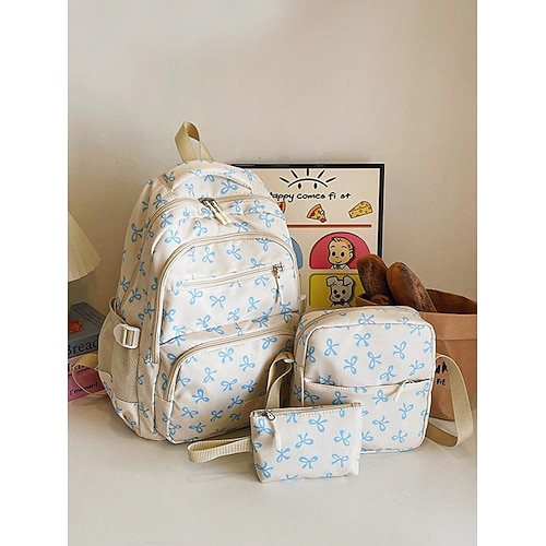 Set di 3 zaini scolastici per ragazze adolescenti: zaino in tela leggero con stampa di un grazioso fiocco rosa, borsa a tracolla di grande capacità e astuccio per matite, perfetto per la scuola, i viaggi e l'uso quotidiano.