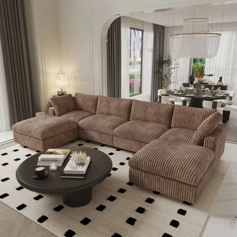 Italienisches, luxuriöses, waschbares, modulares Schnittsofa im Vintage-Stil, braunes Plüsch-Cordstoff-Wohnzimmer-Couch-Set, kostenlose Anpassung Image