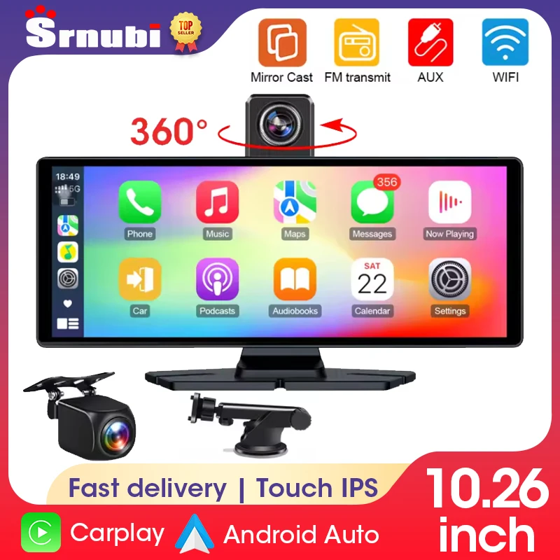 10,26 Zoll 4K Dash Cam Carplay Android Auto GPS WIFI FM BT Auto DVR 350 ° Rotation Dual Lens Dashcam Truck Camera Drive Recorder Image