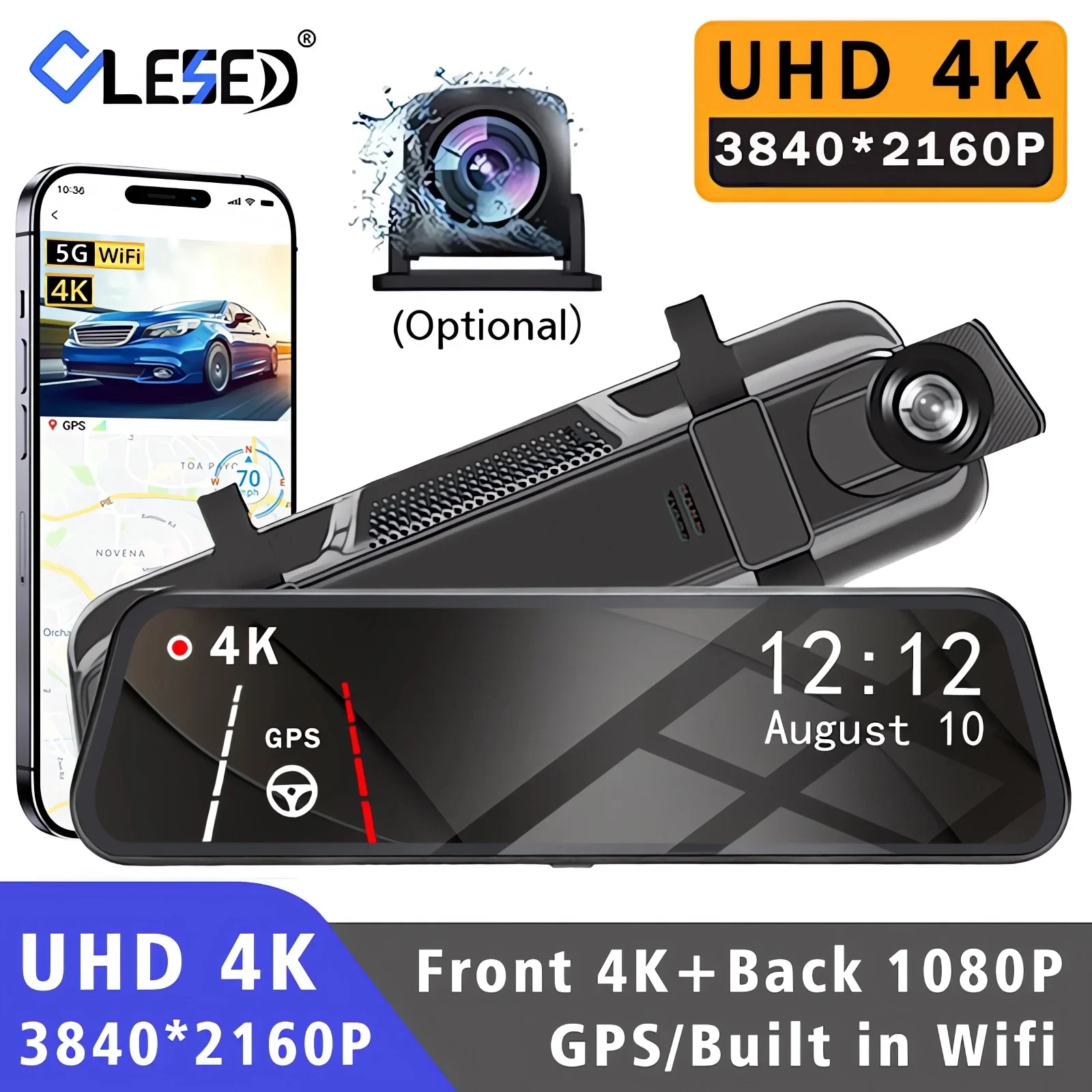 10' 4K 2160P Dual Lens Dash Cam GPS WiFi Auto DVR Spiegel mit IPS Bildschirm Dashcam Kamera stick Recorder Stream Rückspiegel Image