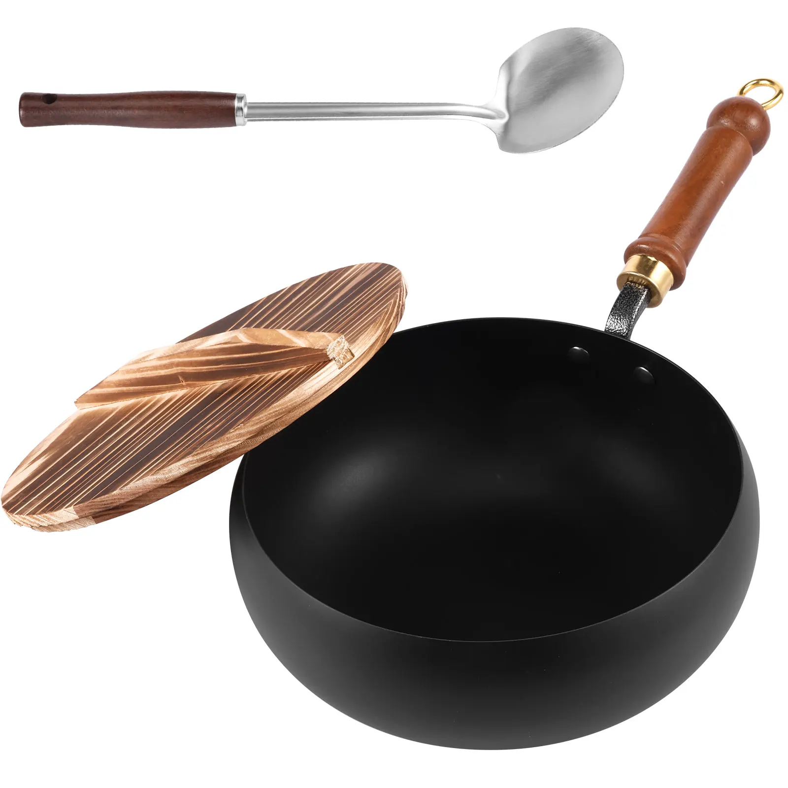 Unbeschichtete Eisenpfanne mit Deckel und Spatel, dauerhafter Eisentopf, antihaftbeschichtete Wok-Pfanne zum Kochen, Zuhause, Küche, Werkzeug, Bratpfanne aus Eisen Image