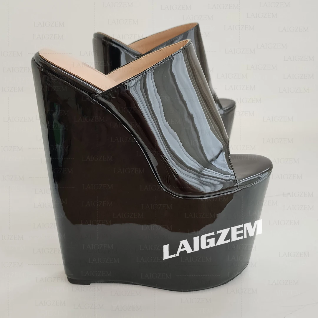 LAIGZEM Frauen Pumpen Keile Slip auf Peep Toe 22 CM High Heels Maultiere Party Damen Höhe Erhöhen Schuhe Frau Große größe 41 44 48