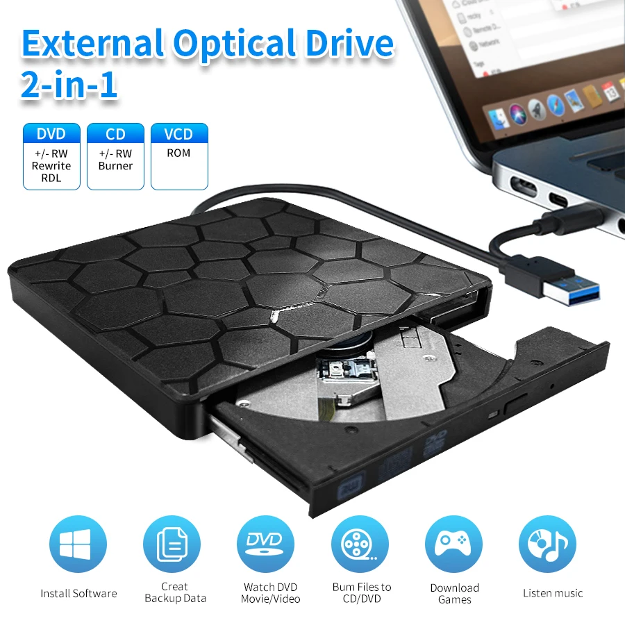 Schlankes externes optisches Laufwerk, DVD-Brenner, USB 3.0, Typ C, 2-in-1, RW-DVD, VCD, CD-Brenner, Brenner, Lesegerät, Player für Laptop, PC, Notebook Image