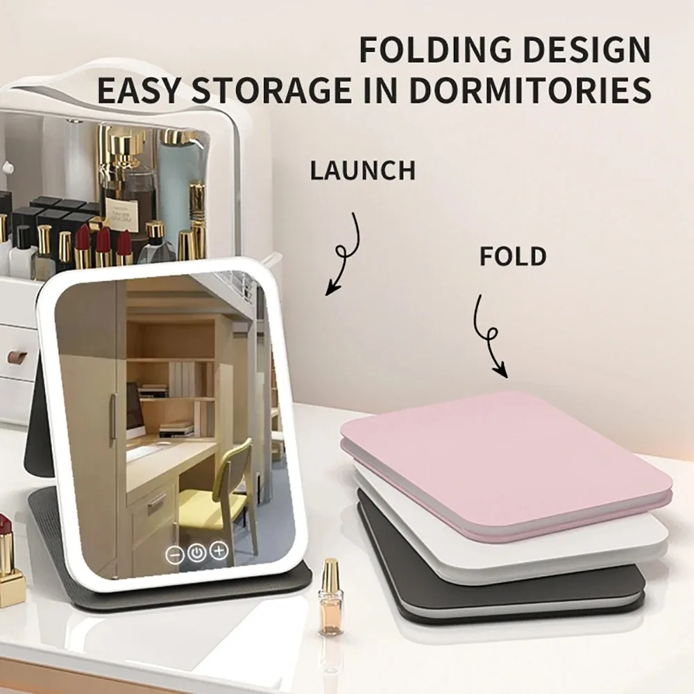 3-Farben-Make-up-Spiegel, LED-Kosmetikspiegel mit Touchscreen, wiederaufladbar über USB, dimmbar, 3 Helligkeitsstufen, tragbarer Klappspiegel für den Tisch