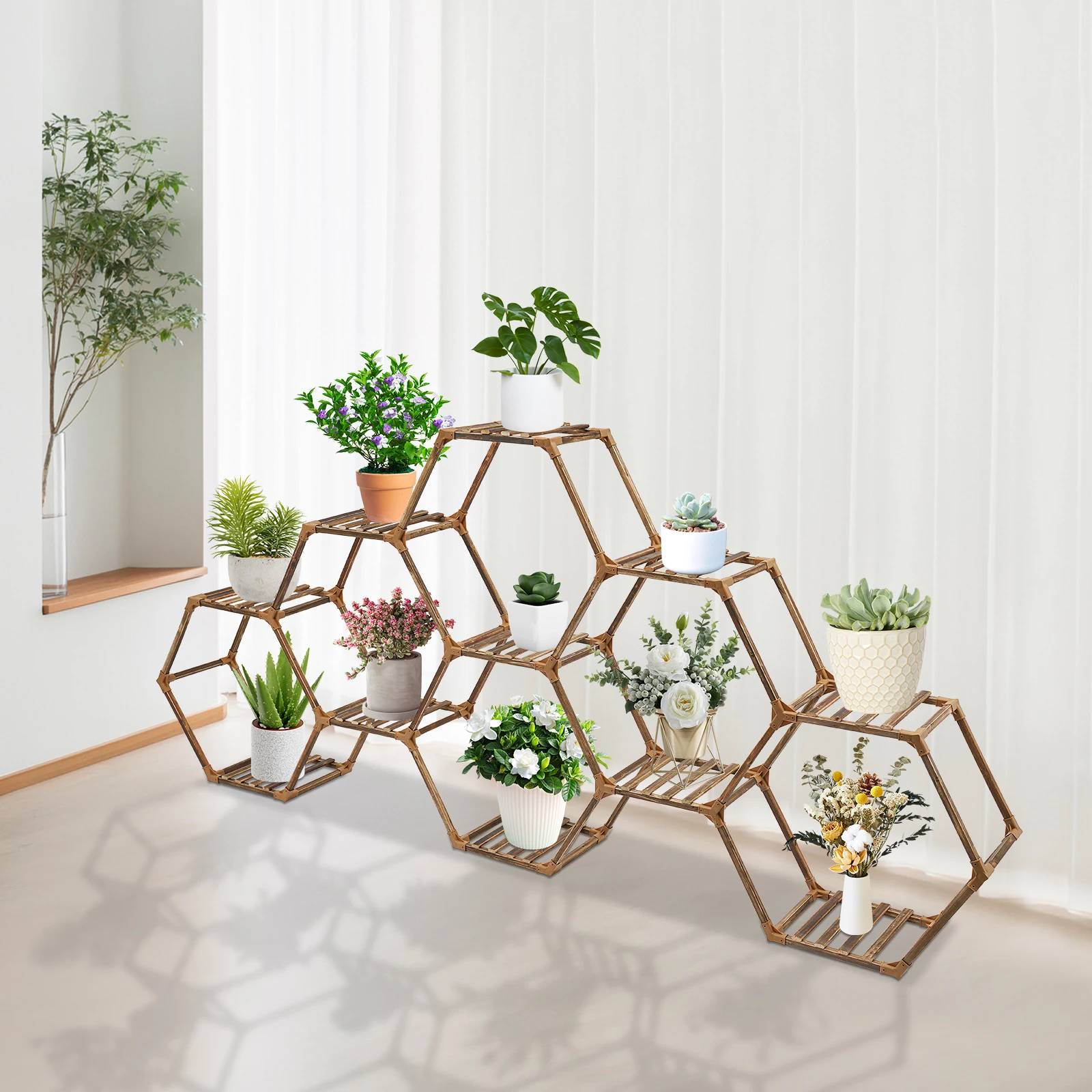 Mehrstufiger sechseckiger Pflanzenständer, Blumen-Holz-Präsentationsständer, Lagerregal, Pflanzenregale für Wohnzimmer, Balkone, 231 x 25 x 97 cm