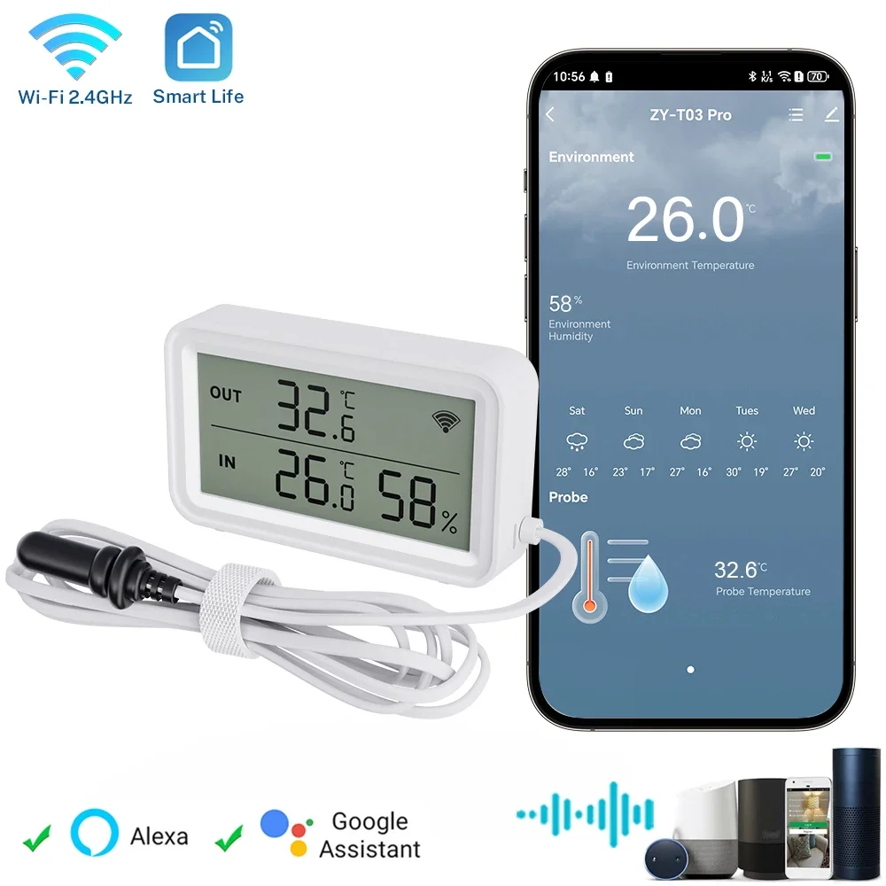 Tuya WiFi Temperatur-Feuchtigkeitssensor, digitales LCD-Bildschirmthermometer mit externer Sonde, funktioniert mit Smart Life Google Assistant Image