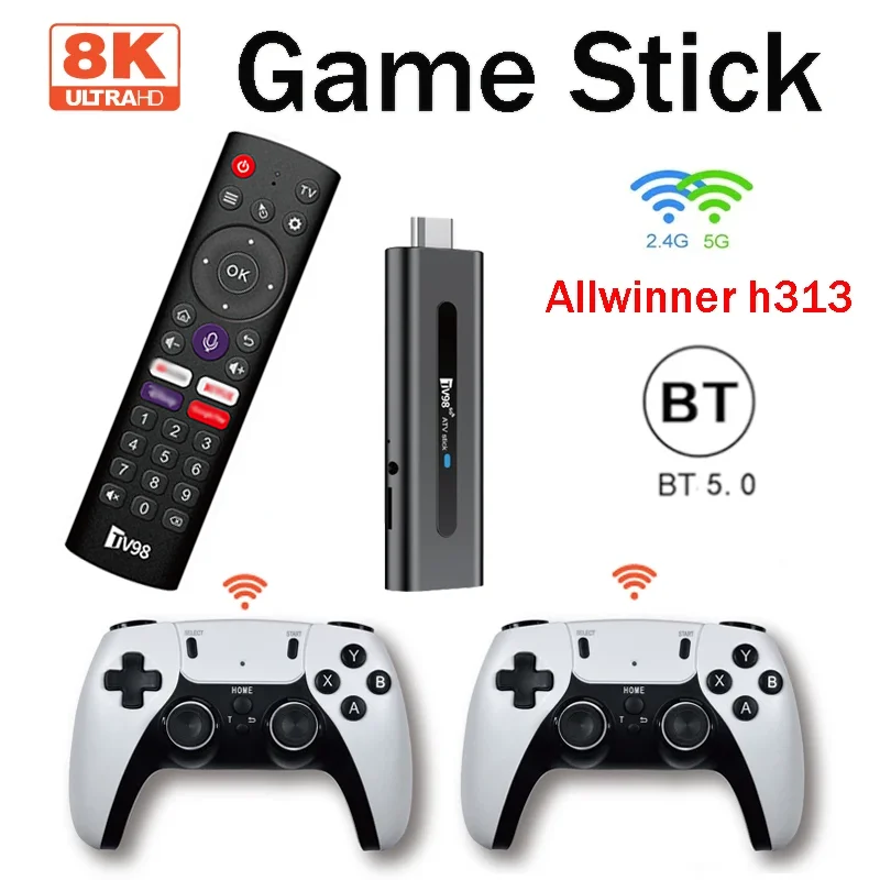 TV98 ATV Game Stick 8K HD Spiel Android 14 Allwinner H313 Dual WiFi 2,4G/5G 64GB Doppel Wireless Controller Für Retro Spiele Geschenk Image