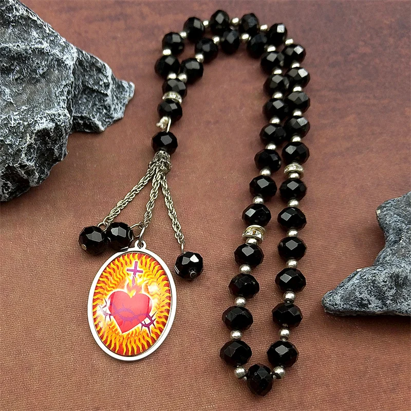 Edelstahl Heiliges Herz Glas Oval Medaille Kreuz Auto Anhänger Kette Gold Farbe Christian Katze Spiegel Behänge Amulett Schmuck Image