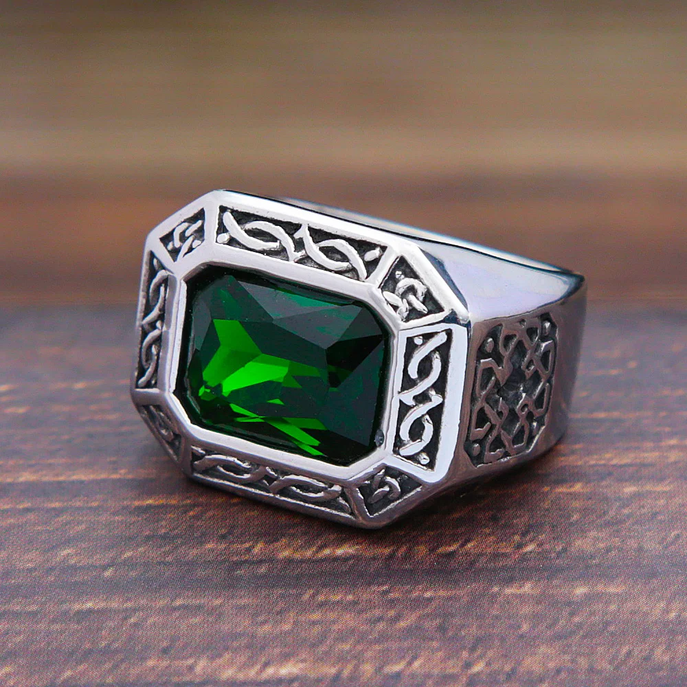 Punk Hip Hop Kreative Platz Grün Stein Ring Männer Frauen Edelstahl Retro Nordic Irish Celtics Knoten Ringe Schmuck Geschenk