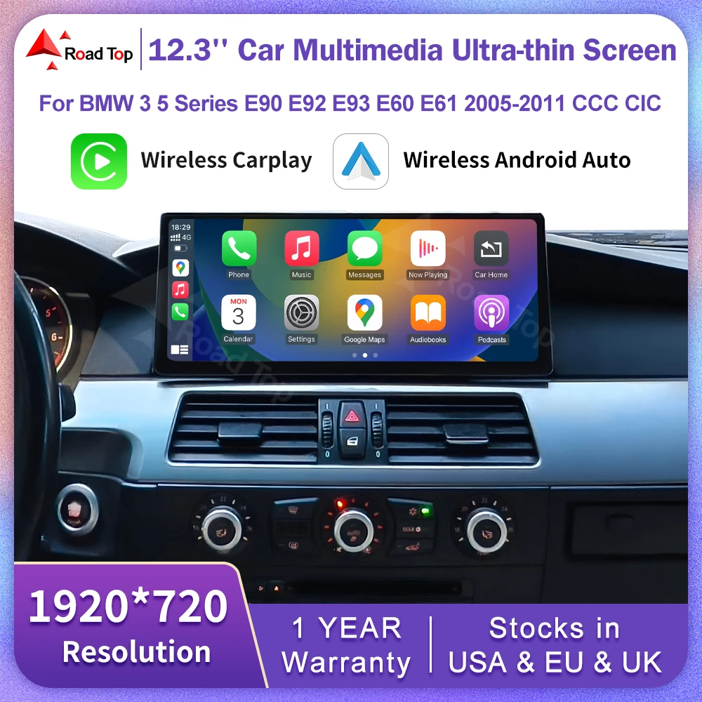 12,3-Zoll-Ultradünnbildschirm für BMW 5er E60 E61 3er E90 E91 E92 E93 CCC/CIC Wireless Carplay Auto Multimedia Monitor Radio Image