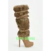 Dame Pelz Schnalle Riemen Knie Plattform Stiefel Pelz Wildleder Vintage Dunkelbraun Pelz Schuhe Größe Stiletto Absatz Retro Wildleder Warme Stiefel 46