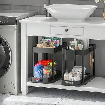 1pcs pull-out 2-layer sink storage box and shelf, plastic layered cabinet storage box, suitable for kitchen/bathroom/spa storage