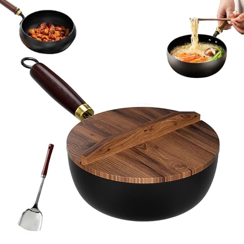 Usceshonn Iron Pot, Handmade Hammered Large Belly Pot, Suntuup Japanese Iron Pan Uncoated Thick Ironpot, Non-Stick Large Belly Cooking Pots with Lid for Cooker Gas Stir Fry Pans (Wooden Lid,24cm)