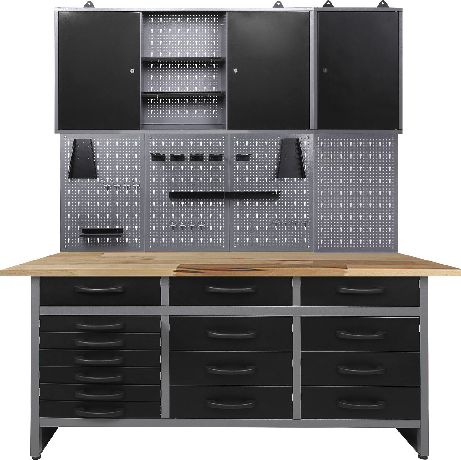 Werkstatt-Set ONDIS24, schwarz (anthrazit, schwarz, grau), B:160cm H:205cm T:60cm, Edelstahl, Werkbänke, 160 cm
