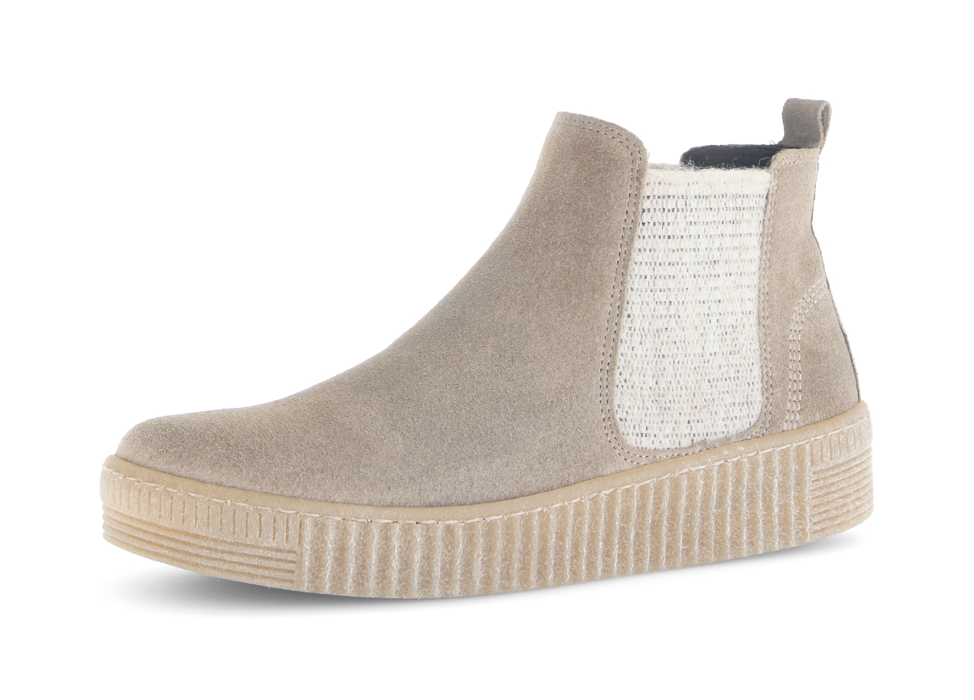 Chelseaboots GABOR, Damen, Gr. 42, beige (hellbeige), Veloursleder, unifarben, Schuhe Chelseaboots, Plateau, Stiefelette, Schlupfschuh mit dezenten Kontrastnähten