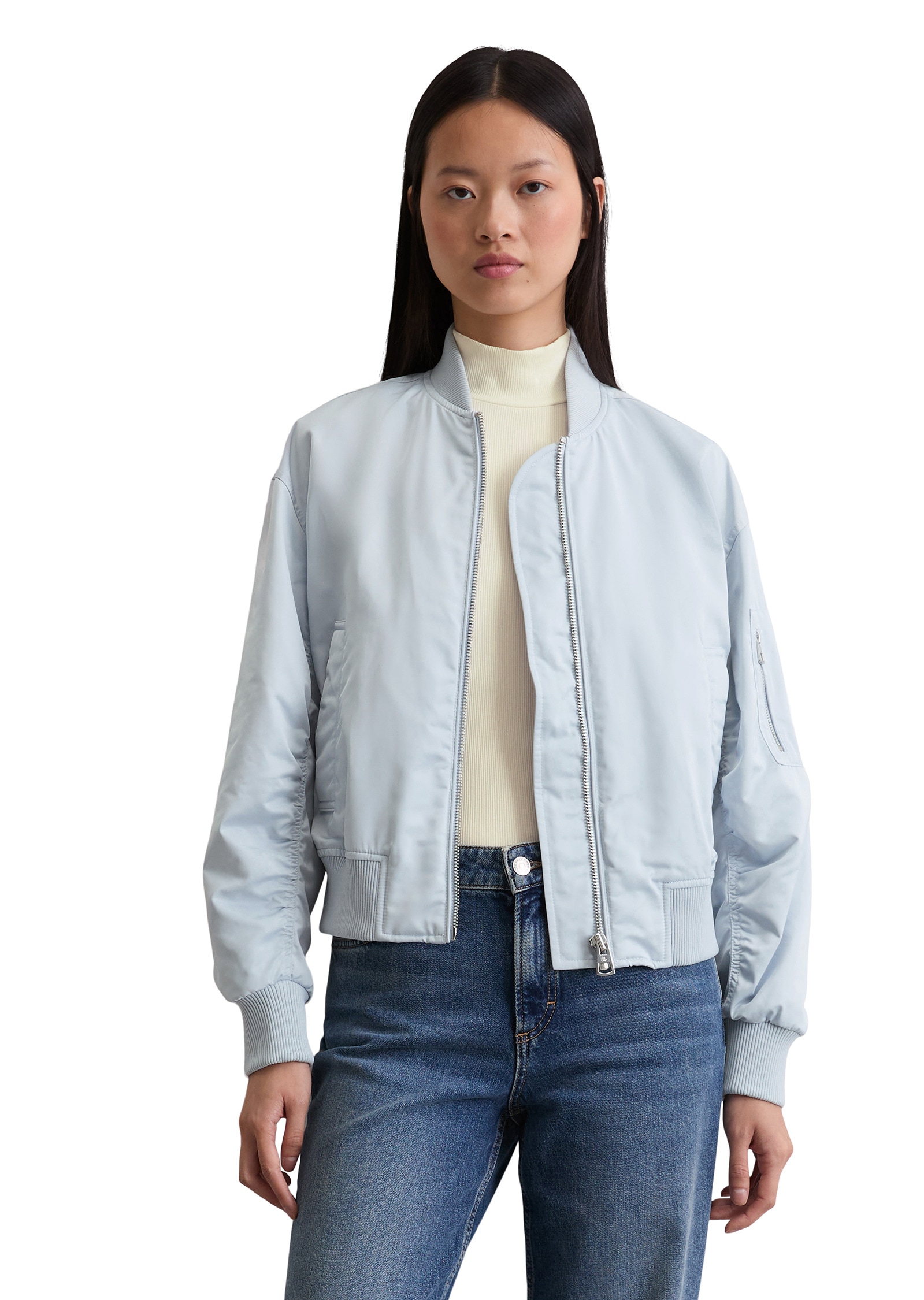 Outdoorjacke MARC O'POLO "aus recyceltem Shiny-Polyester-Twill", Damen, Gr. 38, blau (calm blau), Obermaterial: 100% Polyester; Füllung: 100% Nicht verfügbar; Futter: 100% Polyamid, unifarben, regular fit, Strickbündchen, Jacken Outdoorjacke