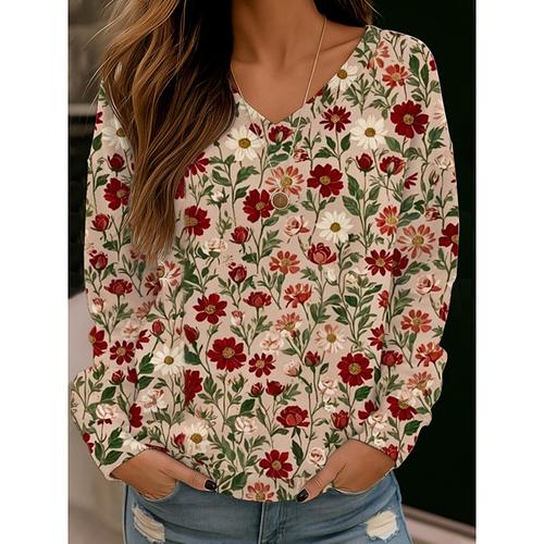 Women's Blouse Floral Stylish Modern Long Sleeve V Neck Regular Tops Daily Holiday Print White Red Blue Brown Summer Spring Fall