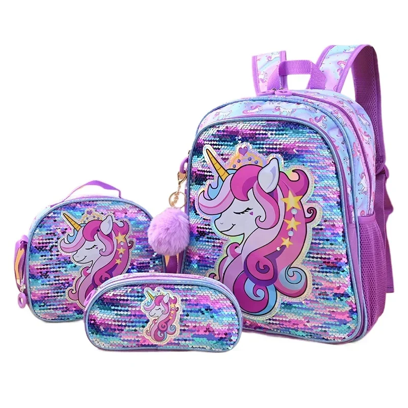 Sacs à dos licorne à paillettes pour enfants, 3 pièces, sac à dos d'école pour filles avec sac à crayons pour déjeuner, sac à livres d'école de voyage mignon, cadeau de noël pour enfants