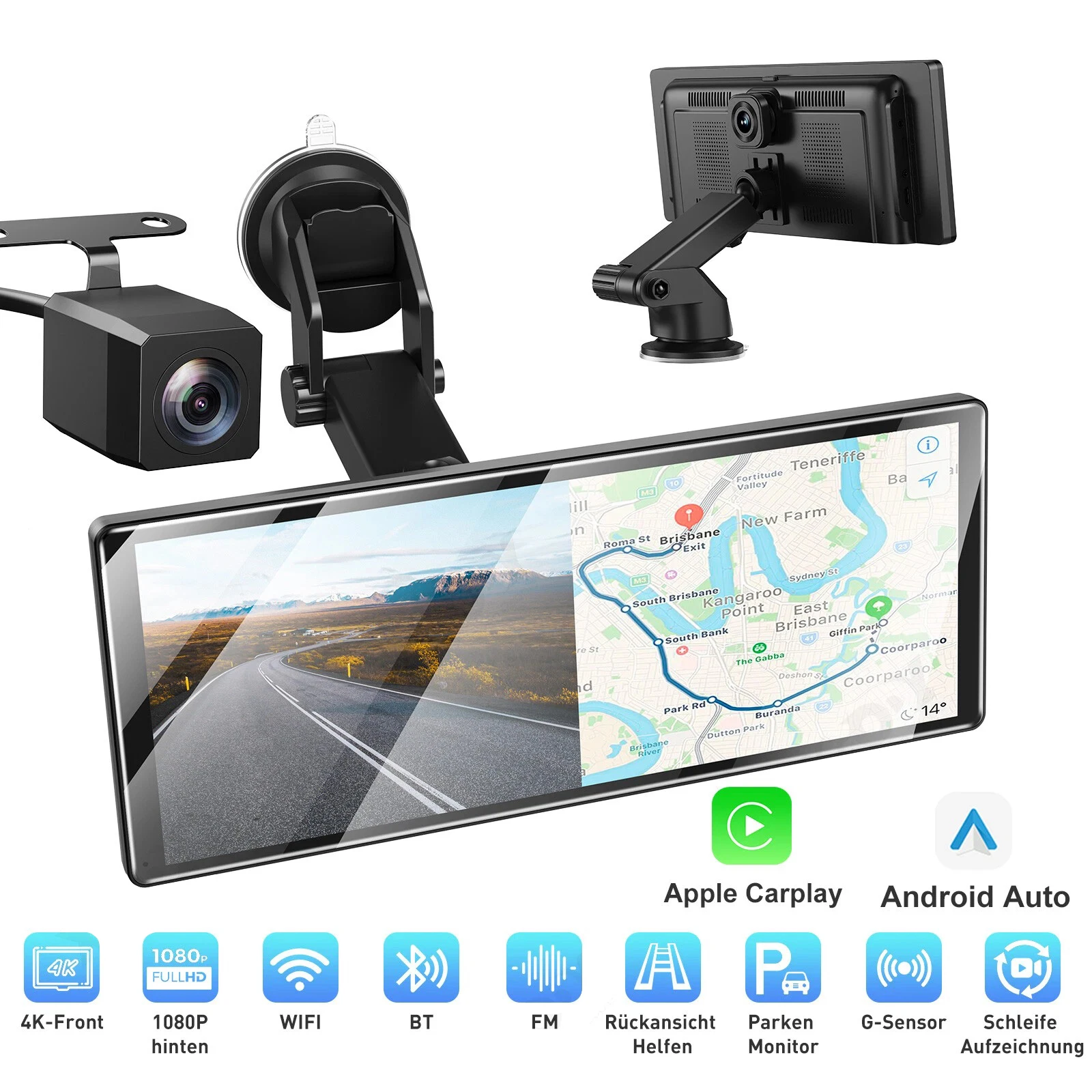 4K Ultra HD 11.3" Autoradio mit Wireless Carplay & Android Auto, IPS Touchscreen, Dashcam mit Doppellinsen-Videorekorder DVR, GPS, BT, FM Image