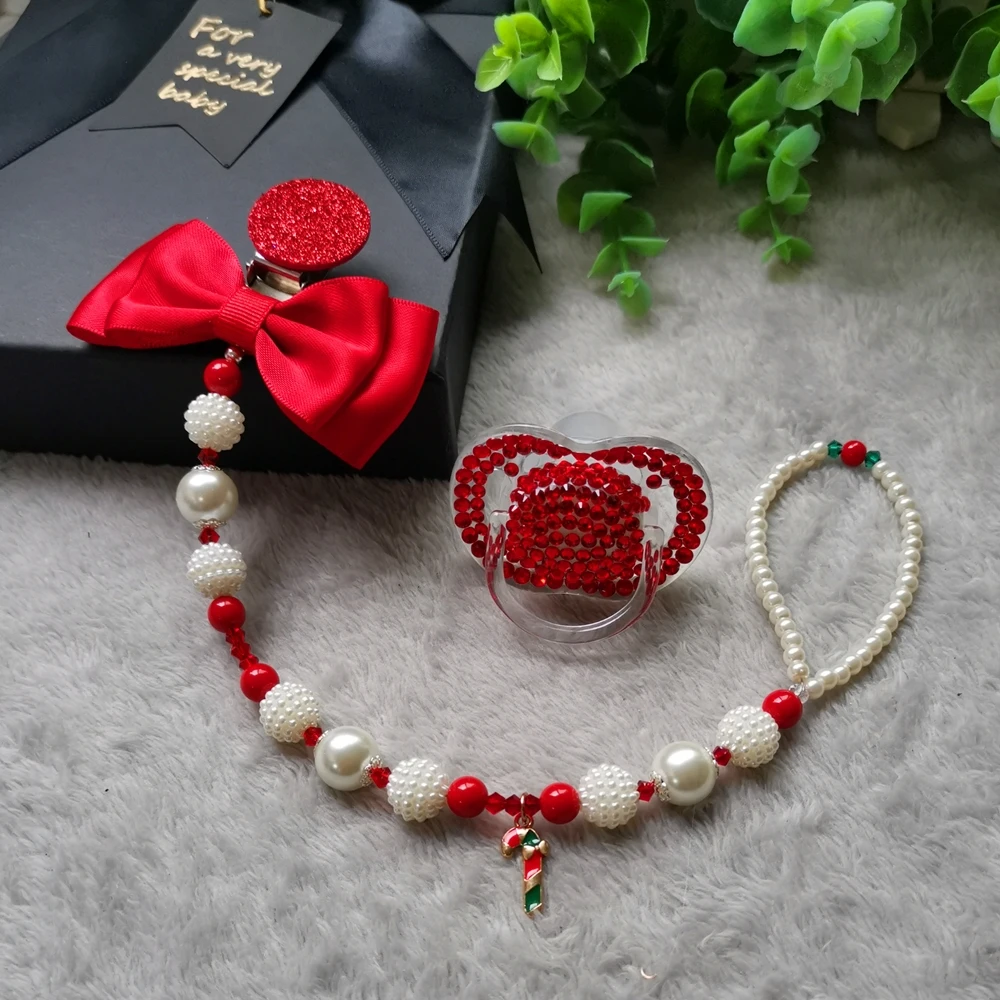 Dollbling Baby Weihnachten Personalisierte Hasen-Schnullerclips Perlen-Schmuck Schnullerhalter Baby Mädchen Name Santa Beruhigungsschnuller Image