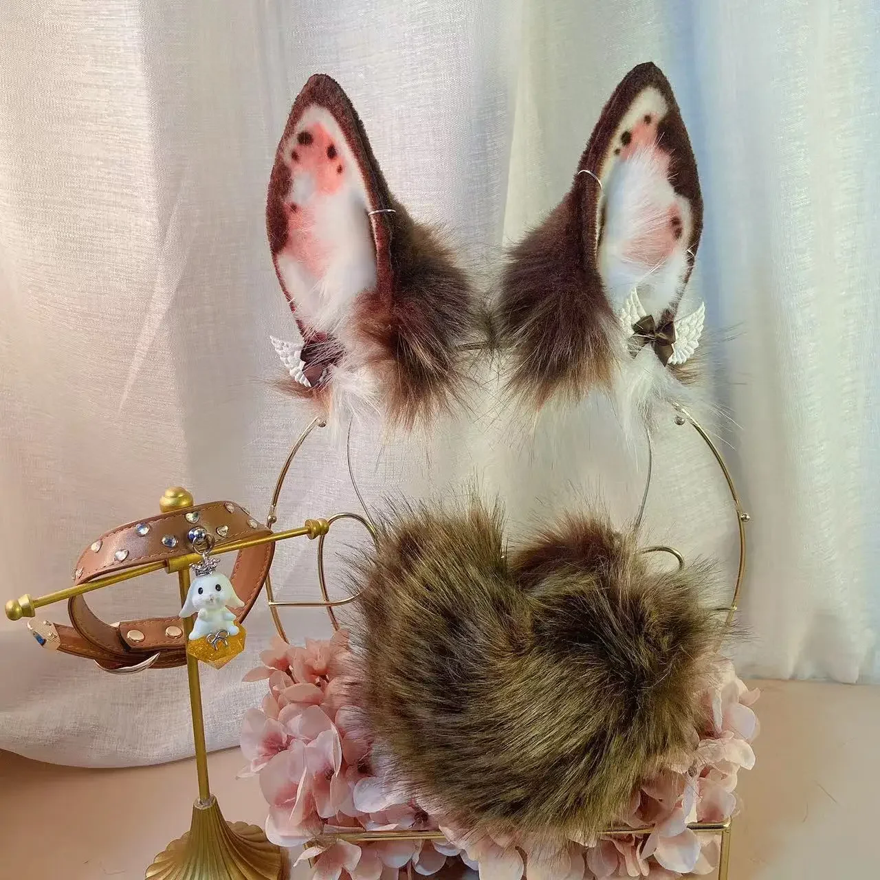 Neue handgemachte braune Hasenohren Hairhoop Schwanz Ohrringe Cosplay Prop Lolita Weihnachten Zubehör Kopfbedeckung Image