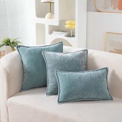 Einfarbiger blauer Chenille-Kissenbezug, luxuriöser Lendenkissenbezug für Bett, Sofa, Couch, Kissenbezug mit genähtem Rand für Zuhause Image