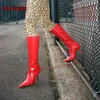 Rote spitze Stiletto-Absätze, lange Stiefel, seitlicher Reißverschluss, glänzende kniehohe Stiefel für Damen, 2025, Winter-Freizeitschuhe, Luxus-Beute, elegant