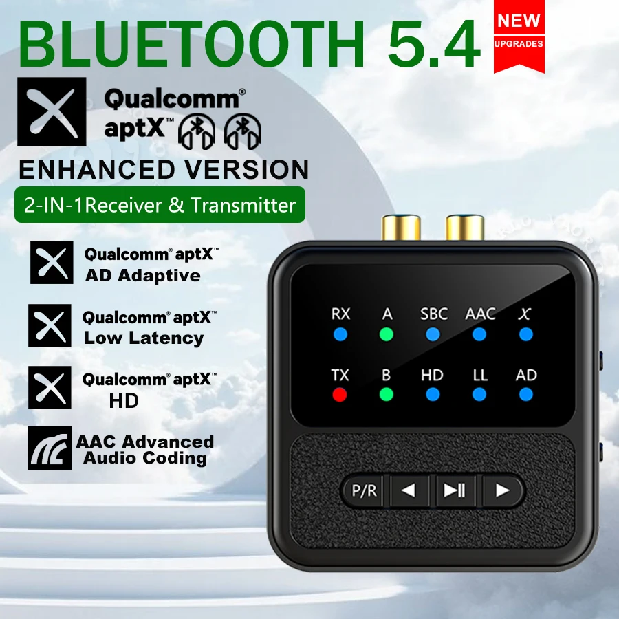 2-in-1 aptX Bluetooth 5.4 Audio-Sender/Empfänger, 3,5 mm AUX RCA, aptX Adaptive AD/HD/LL AAC-Dekodierung, HiFi-Stereo-Musik auf CD-Niveau, kabelloser Adapter für PC, TV, Auto-Kit, Lautsprecher Image
