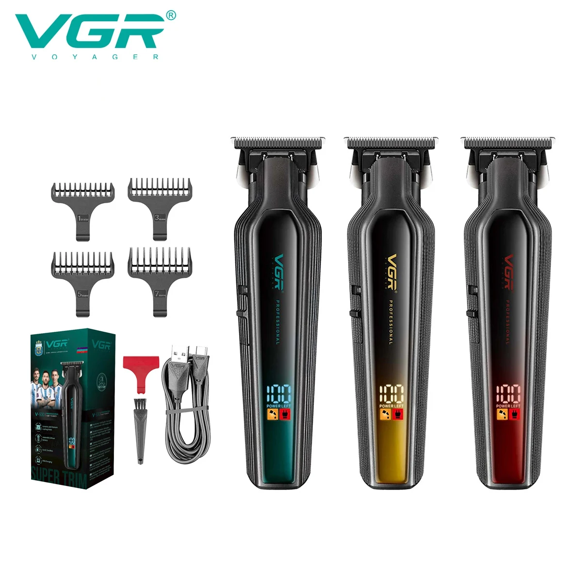 VGR professioneller Haarschneider mit Farbverlauf, T-förmiger Klinge, Haarschneider, Friseursalon, Zuhause, LED, digitale Gravur, elektrischer Haarschneider V-930 Image