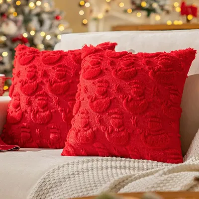 Weihnachts-Kissenbezüge mit rotem Schneemann, 45,7 x 45,7 cm, weicher Kunstfell-Weihnachtskissenbezug für Couch, Sofa, Urlaub, Winterdekoration Image